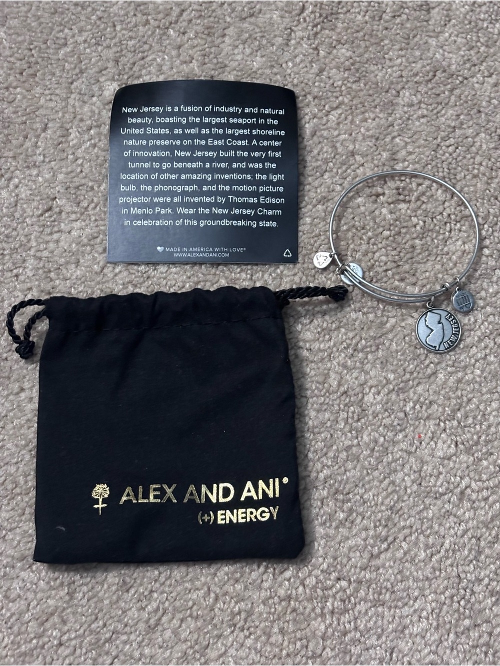 New Jersey Silver Charm Bracelet with bag and description card